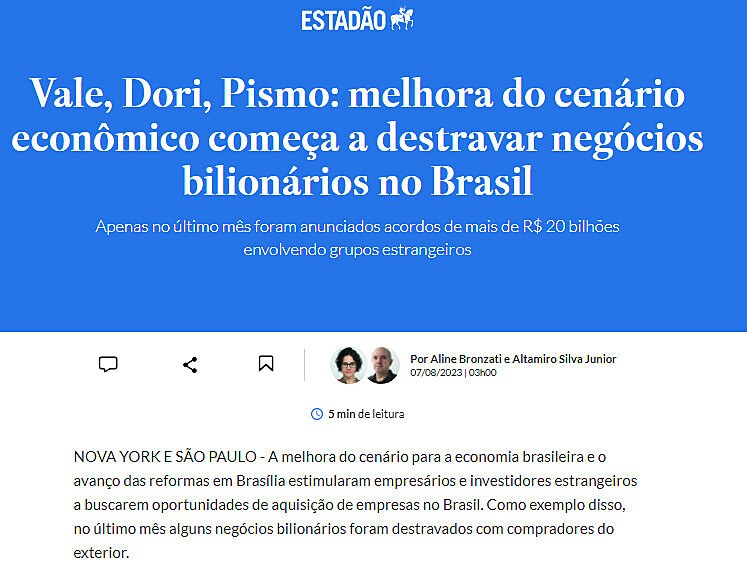 Vale, Dori, Pismo: melhora do cenrio econmico comea a destravar negcios bilionrios no Brasil